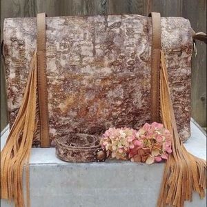 Handmade pink/gold leather tote for laptop, diaper or overnight bag